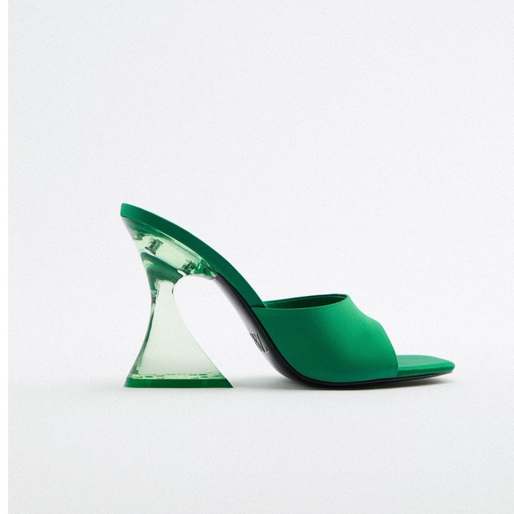 Zara NWT Green Satin Strap Clear Assymetrical Vinyl Green Heels Size 6.5 / 37 - Picture 3 of 14
